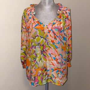 Fairycore Gilner Farrar Elie Orchid Floral V-Neck Long Sleeved Blouse Colorful S